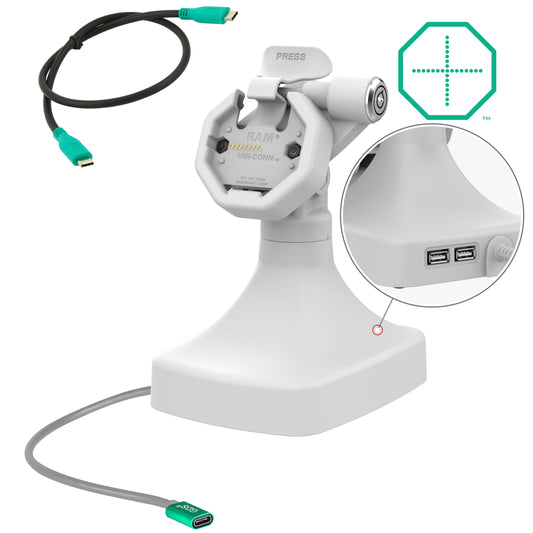 RAM Mounts GDS key-locking tilt and swivel dock with USB-C and two USB-A ports for IntelliSkin Thin-Case tablets with rear pogo pads in grey – main product photo