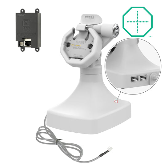 RAM Mounts GDS key-locking tilt and swivel dock with PoE and two USB-A ports for IntelliSkin Thin-Case tablets with rear pogo pads in grey – main product photo
