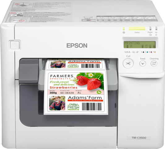 Epson ColorWorks C3500 colour label printer, 4-inch, auto cutter, 720 x 360 dpi, inkjet (C31CD54012CD) – front view with printed labels