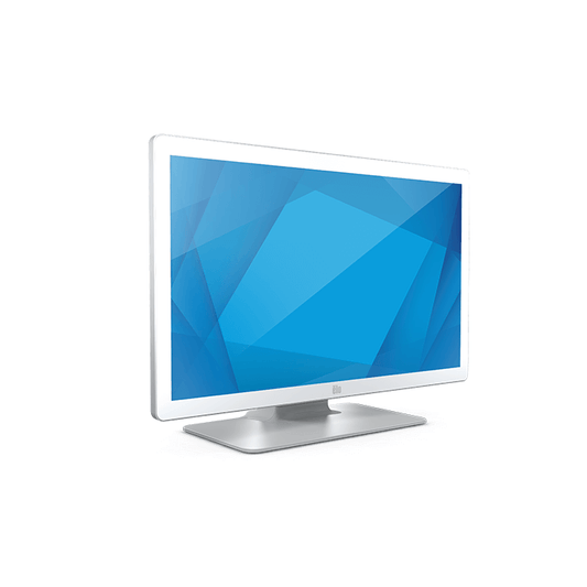 Elo 2703LM 27" medical touch monitor, white, with stand – angled view