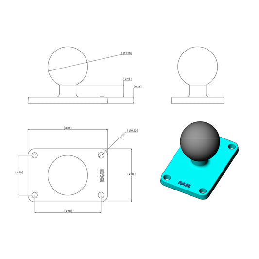 RAM Mounts C-size ball base with 50.8 × 76.2 mm rectangular plate RAM-202U-23 – alternative view
