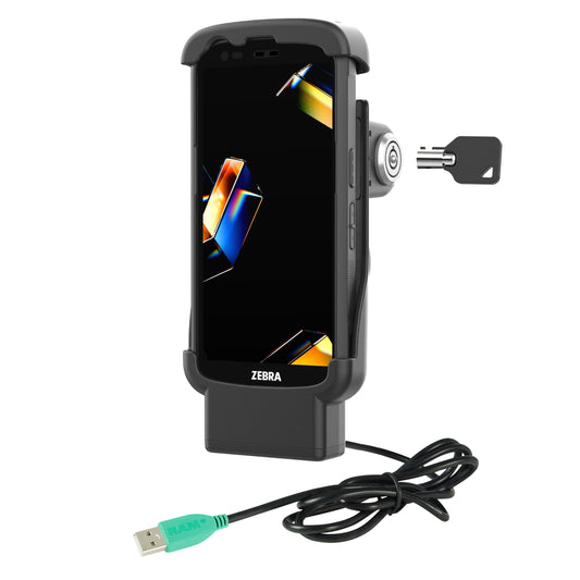 RAM Mounts key-locking form-fit powered USB-A dock for Zebra TC22, TC27 and TC201 with protective boot – main product view