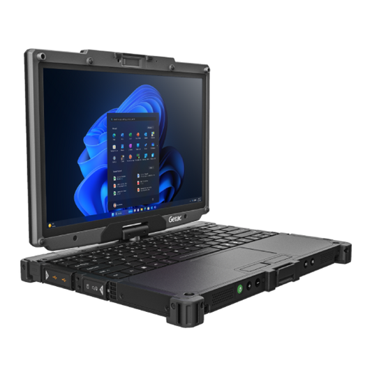 Getac V120 VV116YE3BDBA left three-quarter view showing side ports and rotating display hinge