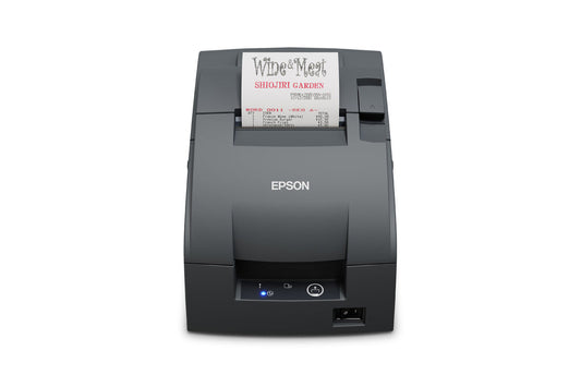 Epson TM-U220IIB impact dot matrix POS receipt printer with autocutter, dark grey (Epson Dark Grey), serial (C31CL27102F1) – front view printing a receipt