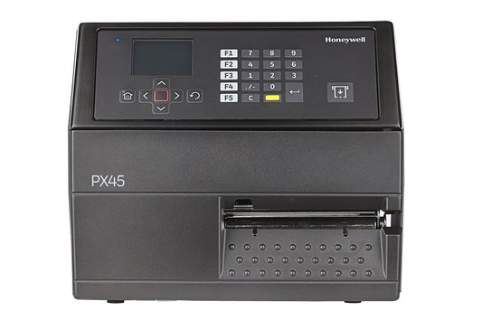 Honeywell PX45 industrial label printer, LCD display with keypad, tear bar, Wi-Fi, 203 dpi, thermal transfer (PX45A02000000200) – front view