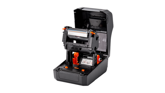 BIXOLON XD5-40t 4-inch thermal transfer desktop label printer, black (XD5-40tk/BEG) – open cover, ribbon mechanism