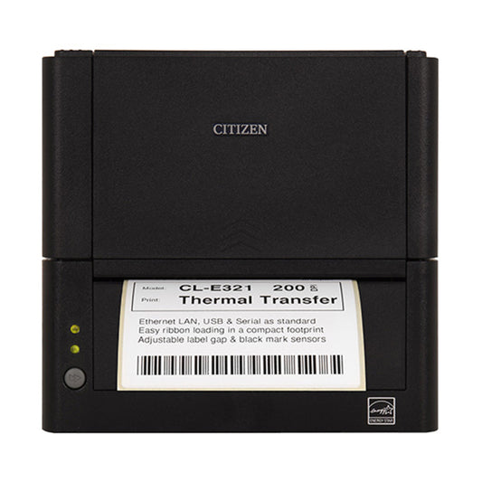 Citizen CL-E321 4-inch thermal transfer desktop label printer, 203 dpi, USB, RS-232 and Ethernet, black (CLE321XEBXXX) – front view with label, black