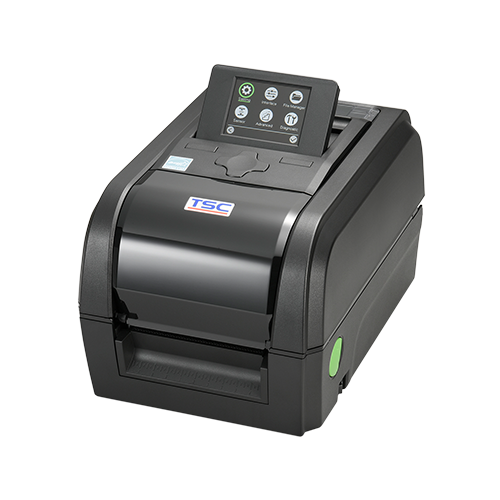 TSC TX310 4-inch desktop thermal transfer label printer, 300 dpi, colour LCD, black (TX310-A001-1203) – angled view