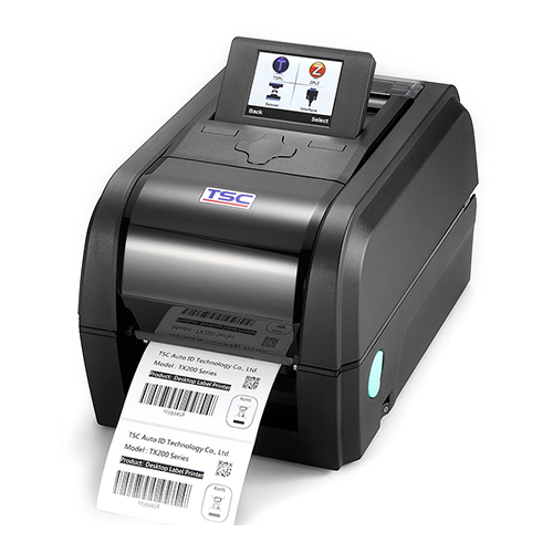 TSC TX310 4-inch desktop thermal transfer label printer, 300 dpi, LED, black (TX310-A001-1302) – angled view