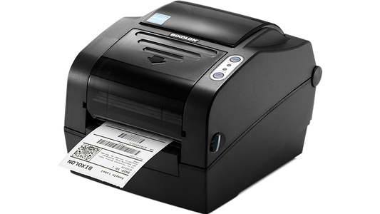 BIXOLON SLP-TX423 4-inch thermal transfer desktop label printer, dark grey (SLP-TX423BG) – front view with label