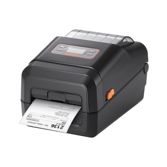 BIXOLON XL5-40CT linerless desktop label printer with LCD and auto cutter, 203 dpi, USB + Wi-Fi, dark grey (XL5-40CTOWG/BEG) – printing a label