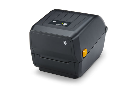 Zebra ZD220t 4-inch thermal transfer desktop label printer, black, USB, with label peeler (ZD22042-T1EG00EZ) – left view