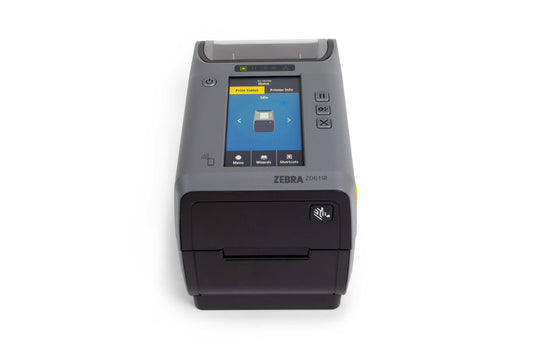 Zebra ZD611t 2-inch thermal transfer desktop label printer, dark grey, 203 dpi, peeler, USB + Ethernet (ZD6A122-T1EE00EZ) – colour display front view