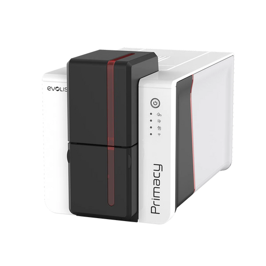 Evolis Primacy 2 plastic card printer, single-sided, LED panel, USB + Ethernet, kineclipse, 300 dpi, dye sublimation / thermal transfer (PM2-0011) – angled front view with LED panel