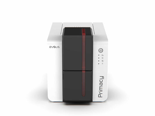 Evolis Primacy 2 plastic card printer, single-sided, LED panel, USB + Ethernet, contact chip encoder (Elyctis), 300 dpi, dye sublimation / thermal transfer (PM2-0005) – front view
