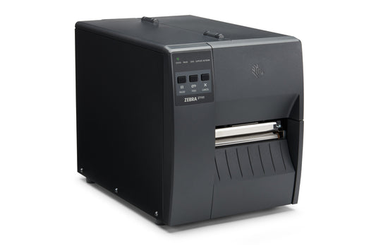 Zebra ZT111 industrial label printer, tear-off, 203 dpi, thermal transfer (ZT11142-T0E000FZ) – angled front view