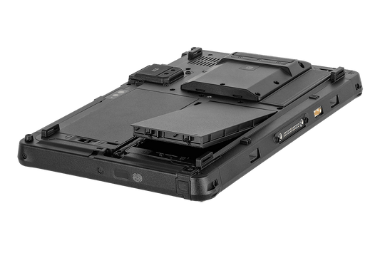 Getac F110 G7 rugged 11.6-inch tablet, 2D barcode reader, HF RFID (FTA154JI1DZS) – back view with hot-swap batteries