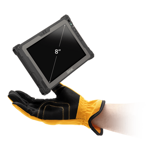 Getac ZX80W 8" rugged Windows tablet, hot-swappable battery (Z8A7WXGI27XX) – angled view in gloved hand
