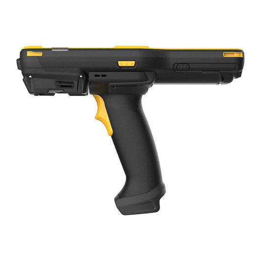 CipherLab RK96 Wi-Fi 7 industrial Android mobile computer, pistol grip, 53-key alphanumeric keypad, 2D imager (extended range, SE5800) (AK96N5F65XSG1) – side view with pistol grip