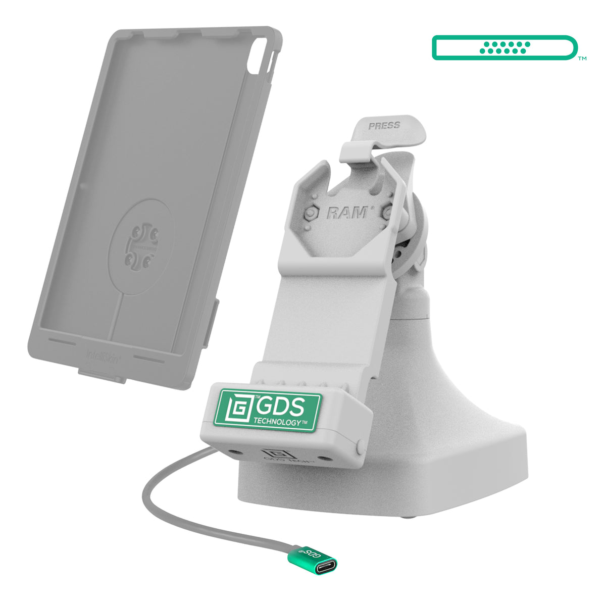 RAM Mounts GDS tilt and swivel dock with USB-C and two USB-A ports for IntelliSkin tablets with Uni-Conn adapter in grey – alternative view
