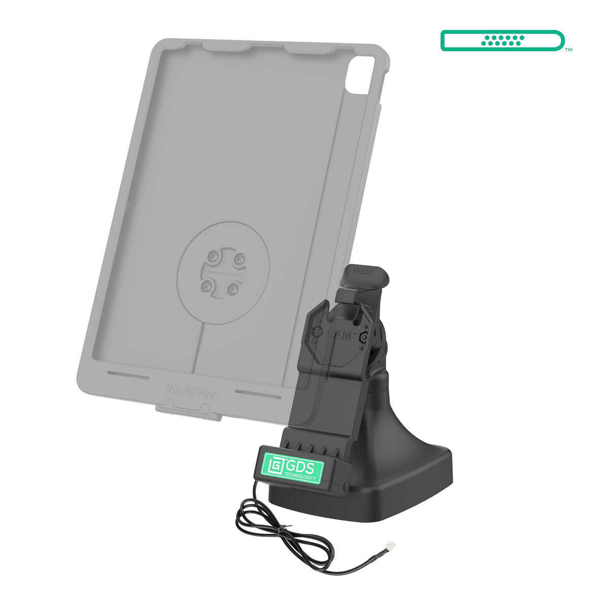 RAM Mounts GDS tilt and swivel dock with PoE and two USB-A ports for IntelliSkin tablets with Uni-Conn adapter – alternative view