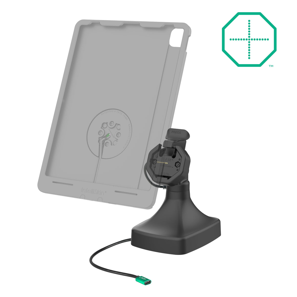 RAM Mounts GDS tilt and swivel dock with USB-C and two USB-A ports for IntelliSkin Thin-Case tablets with rear pogo pads – alternative view