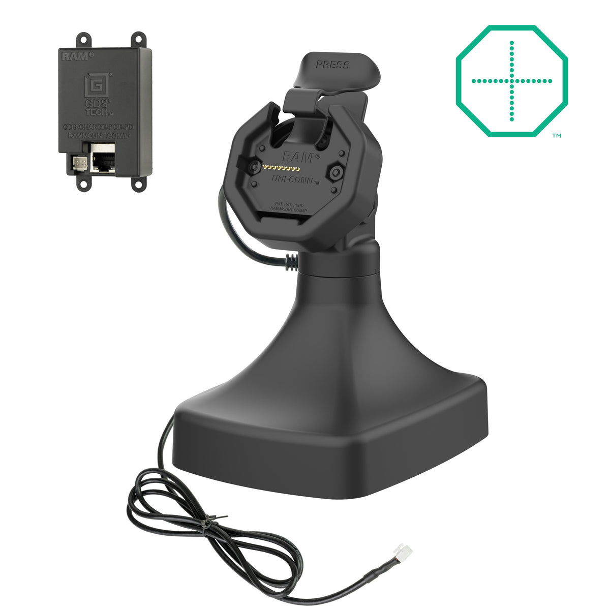 RAM Mounts GDS tilt and swivel dock with PoE for IntelliSkin Thin-Case tablets with rear pogo pads – main product photo