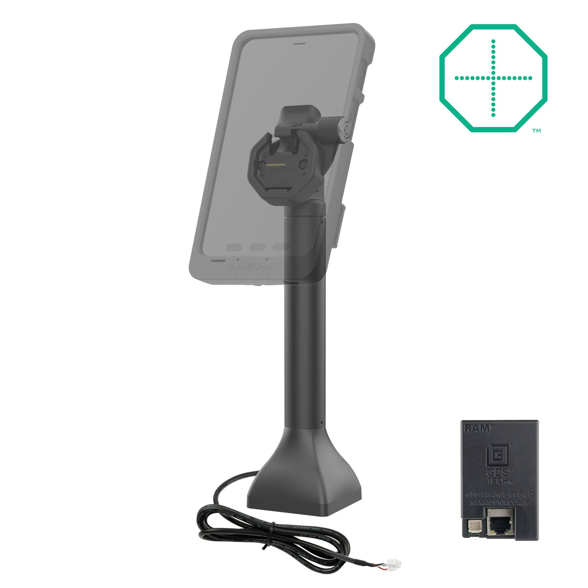 RAM Mounts GDS 14-inch key-locking pedestal dock with PoE for IntelliSkin Thin-Case tablets with rear pogo pads – alternative view