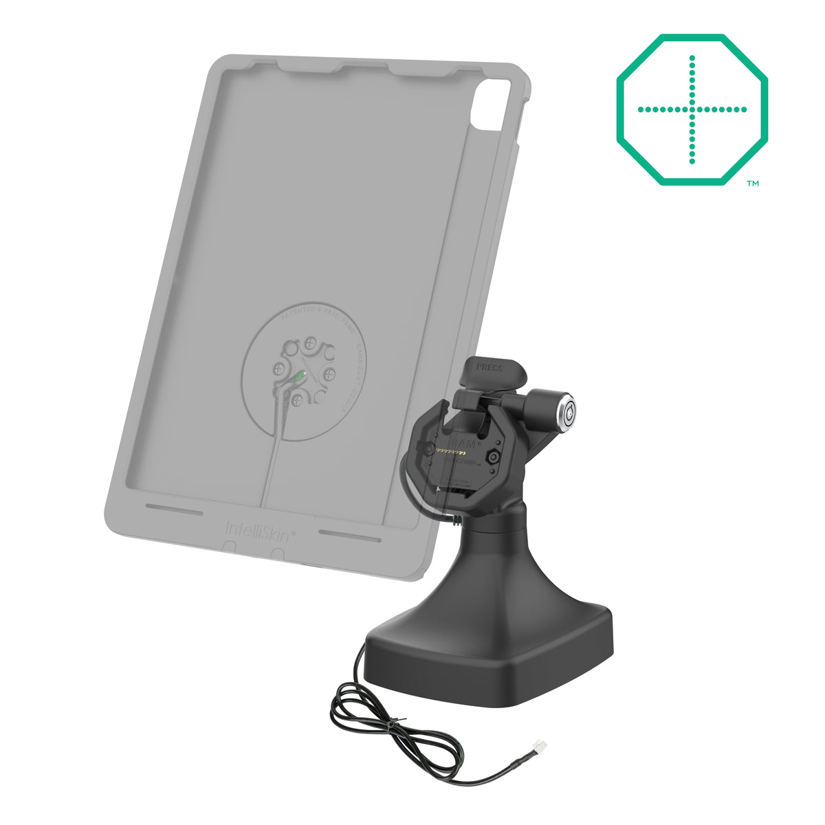 RAM Mounts GDS key-locking tilt and swivel dock with PoE and two USB-A ports for IntelliSkin Thin-Case tablets with rear pogo pads – alternative view