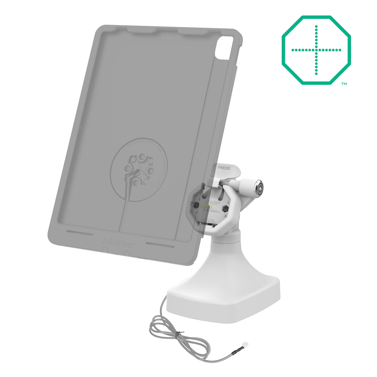 RAM Mounts GDS Uni-Conn powered key-locking tilt and swivel kiosk dock with PoE for Thin-Case tablets in grey – alternative view