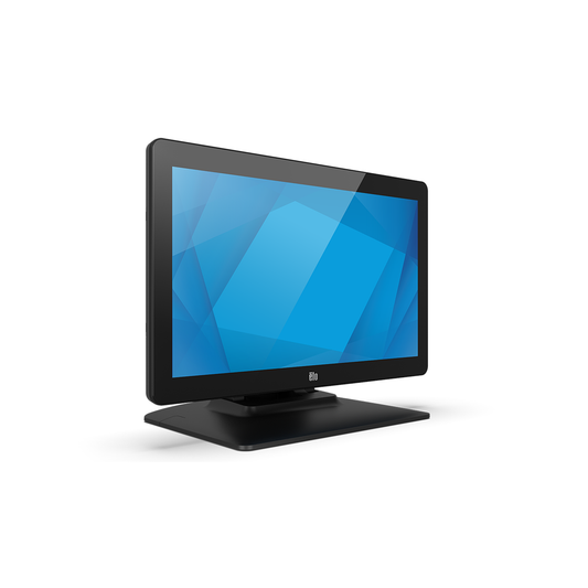Elo 1502LM 15.6" medical touch monitor, black, with stand – angled view
