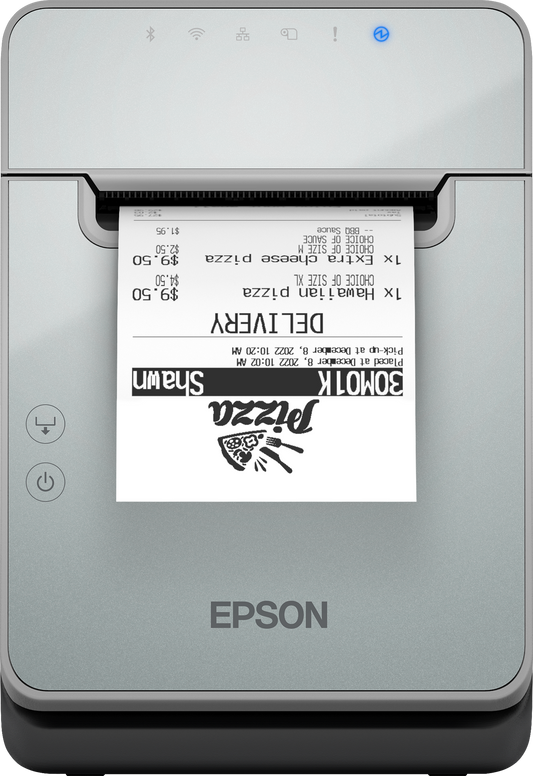 Epson TM-L100 liner-free label and receipt printer, black, USB + Ethernet + Bluetooth (C31CJ52121) – front view with printed label