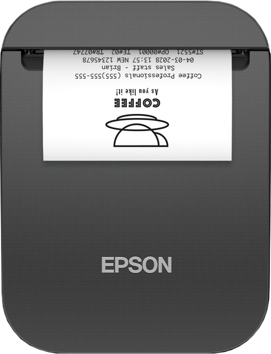 Epson TM-P20II 2-inch mobile receipt printer, Bluetooth, USB-C, black (C31CJ99101) – front view with receipt