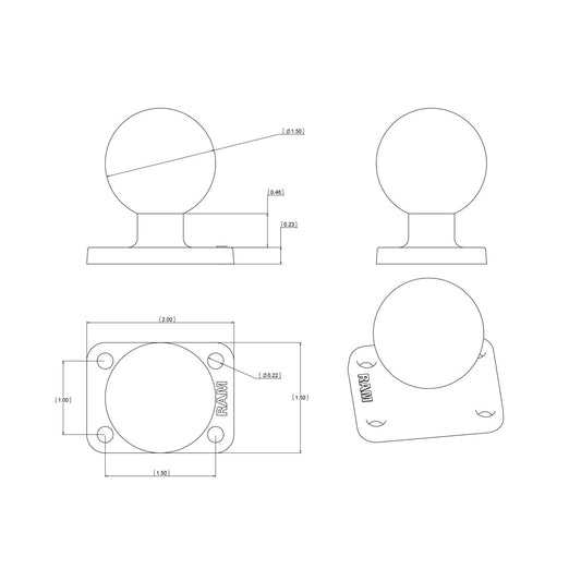 RAM Mounts C-size ball base with 38.1 × 50.8 mm rectangular plate RAM-202U-152 – alternative view