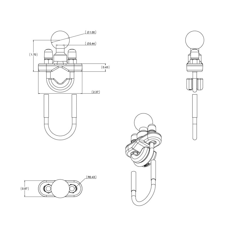 RAM Mounts B-size handlebar U-bolt base for 12.7–31.8 mm rails (RAM-B-231ZU) – further view