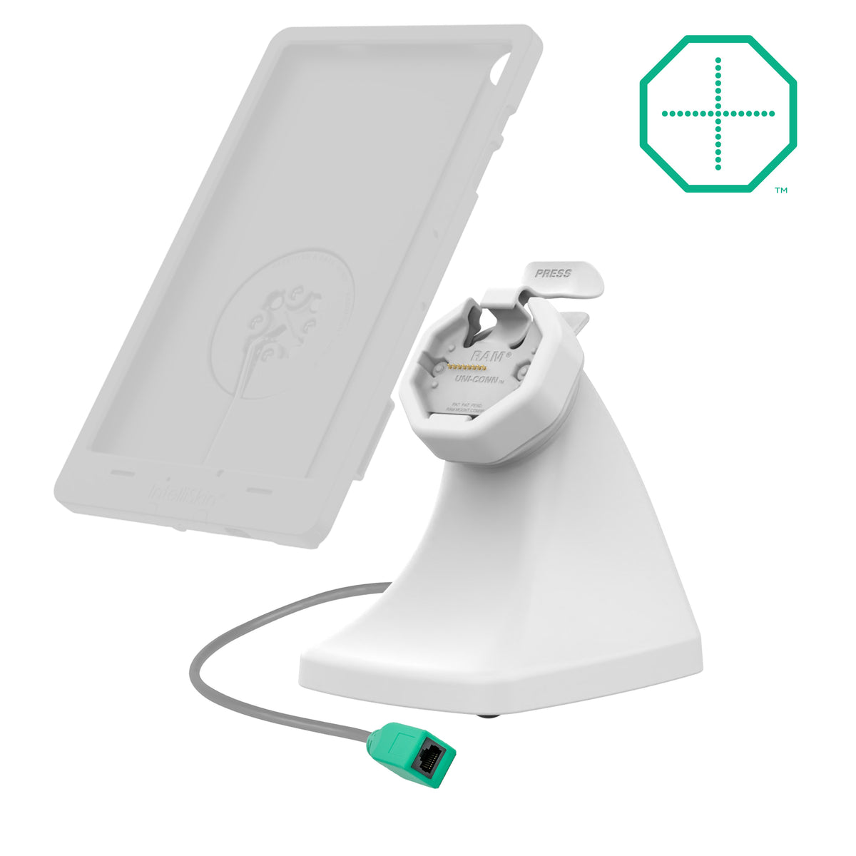 RAM Mounts GDS Uni-Conn snap-in kiosk dock with PoE for IntelliSkin Thin-Case tablets in grey – alternative view