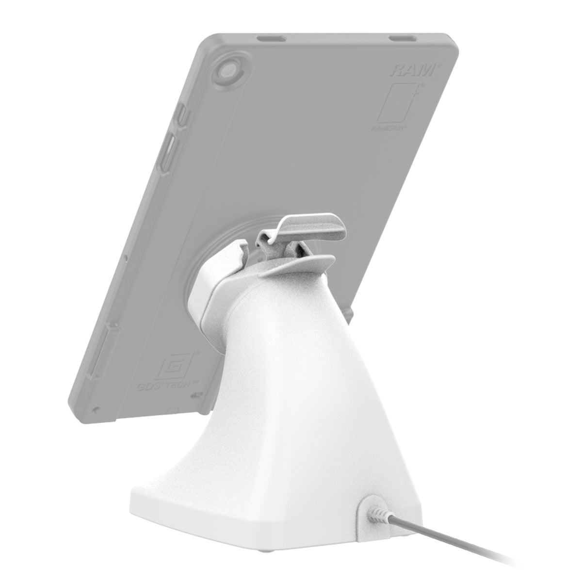 RAM Mounts GDS Uni-Conn snap-in kiosk dock with PoE for IntelliSkin Thin-Case tablets in grey – additional view
