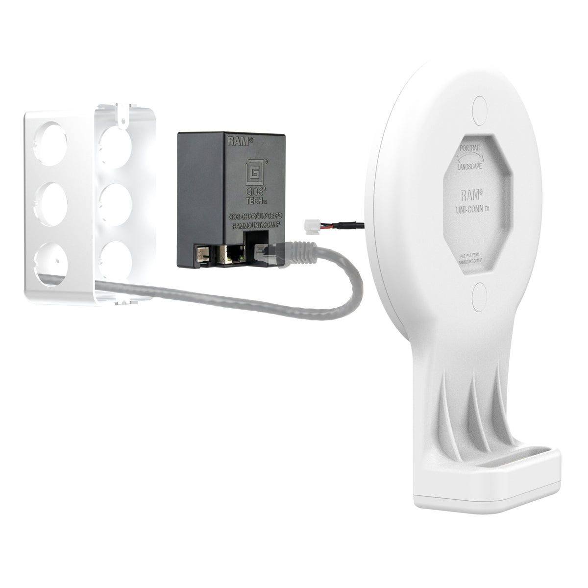 RAM Mounts grey GDS Uni-Conn swivel wall dock with magnetic receiver and PoE for IntelliSkin tablets – further product photo