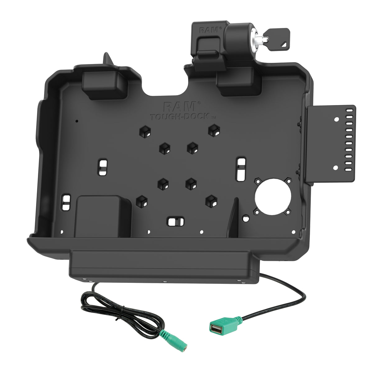 RAM Mounts key-locking power + data dock with USB-A for Getac ZX10 rugged tablet – alternative view