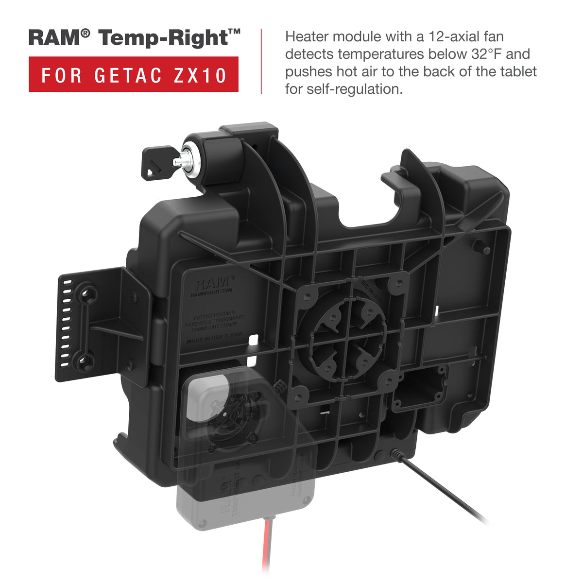 RAM Mounts key-locking Form-Fit powered dock for Getac ZX10 rugged tablet – another angle