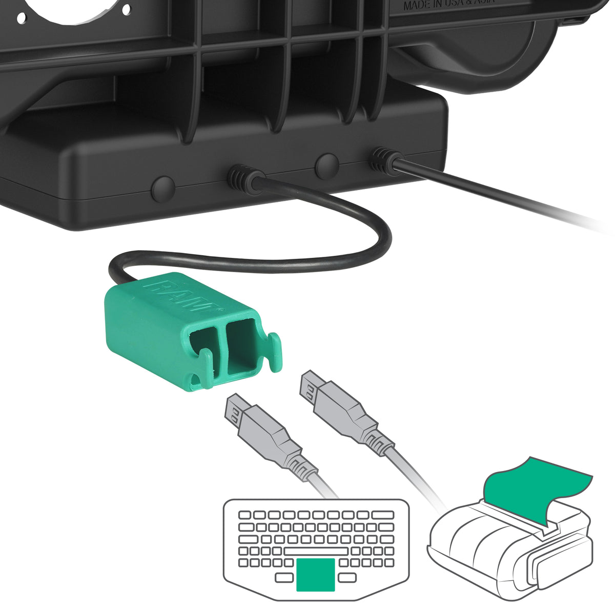 RAM Mounts key-locking power + dual USB dock for Honeywell ScanPal EDA10A tablet – further view