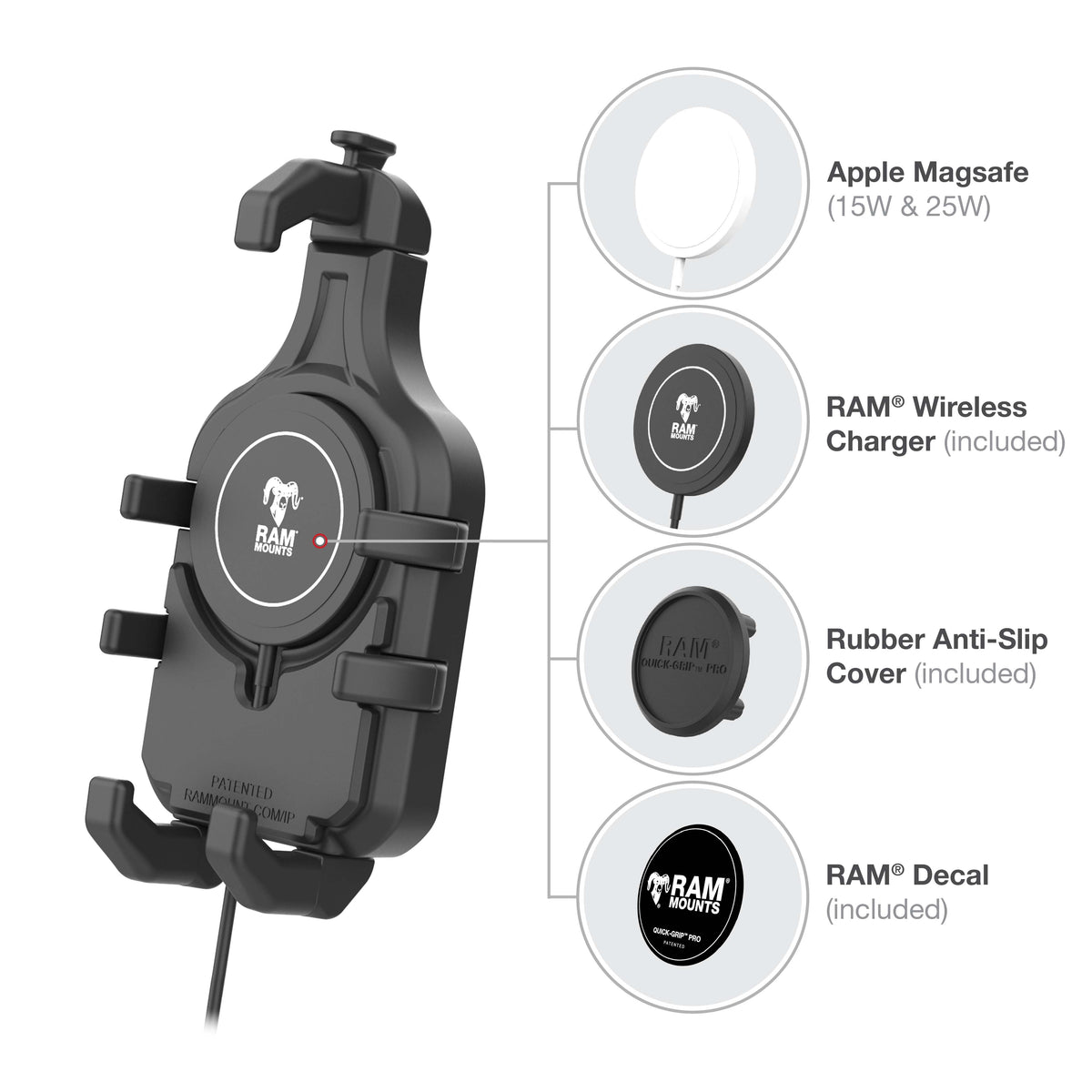 RAM Mounts Quick-Grip Pro phone holder with ball and Qi2 15 W wireless charger – further product photo