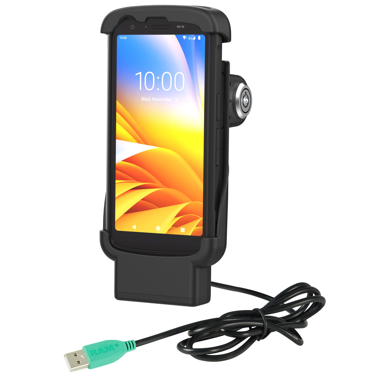 RAM Mounts key-locking form-fit powered USB-A dock for Zebra TC22, TC27 and TC201 with protective boot – further product view