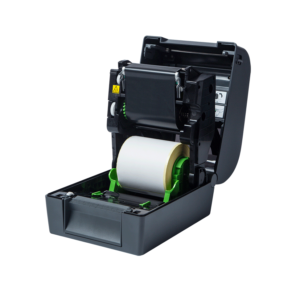 Brother TD-4750TNWB thermal transfer desktop label printer – with cover open, label and ribbon loaded