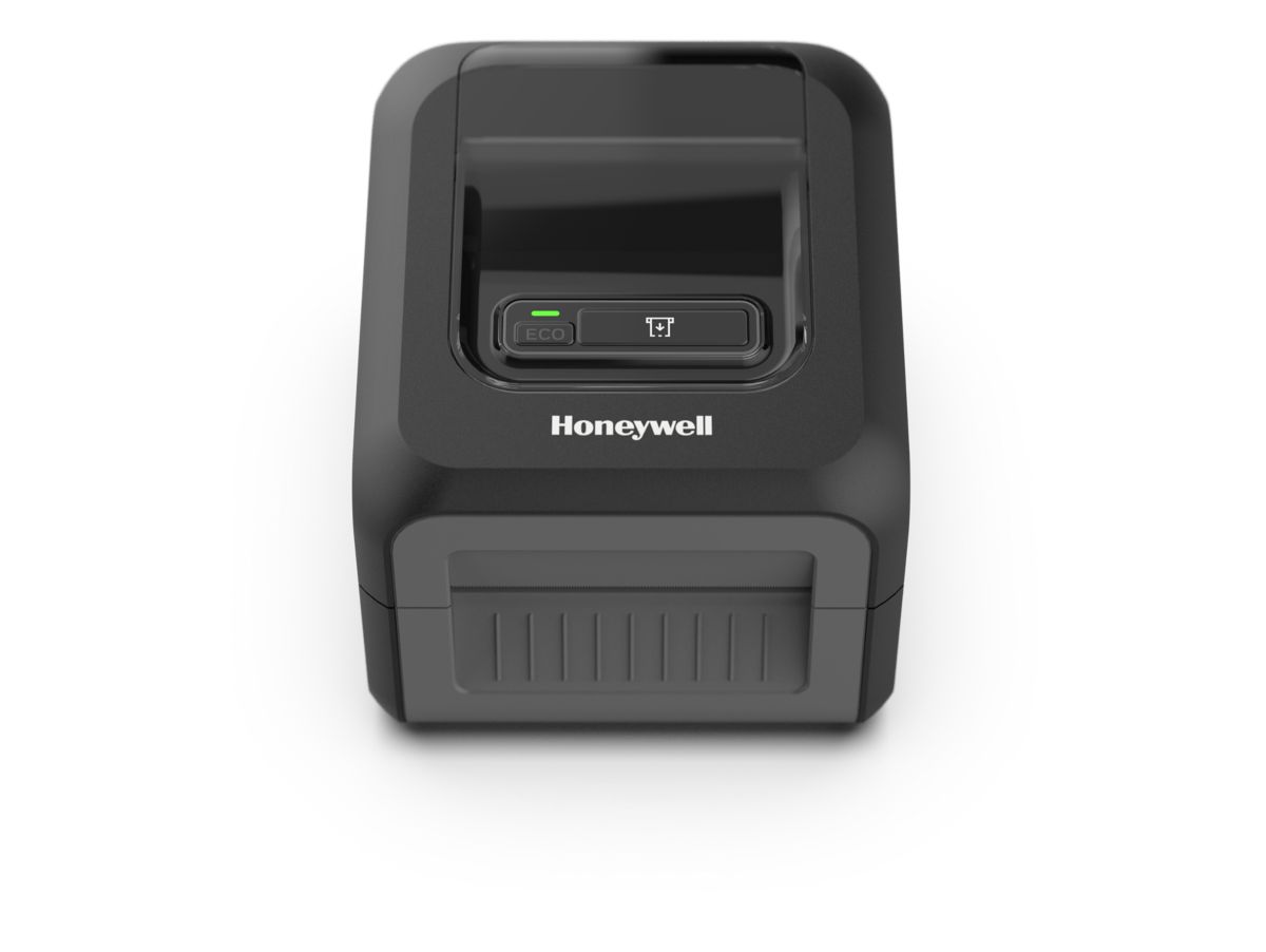 Honeywell PC42E-D 4-inch direct thermal desktop label printer, black, 300 dpi (PC42EDB020300) – front view, black