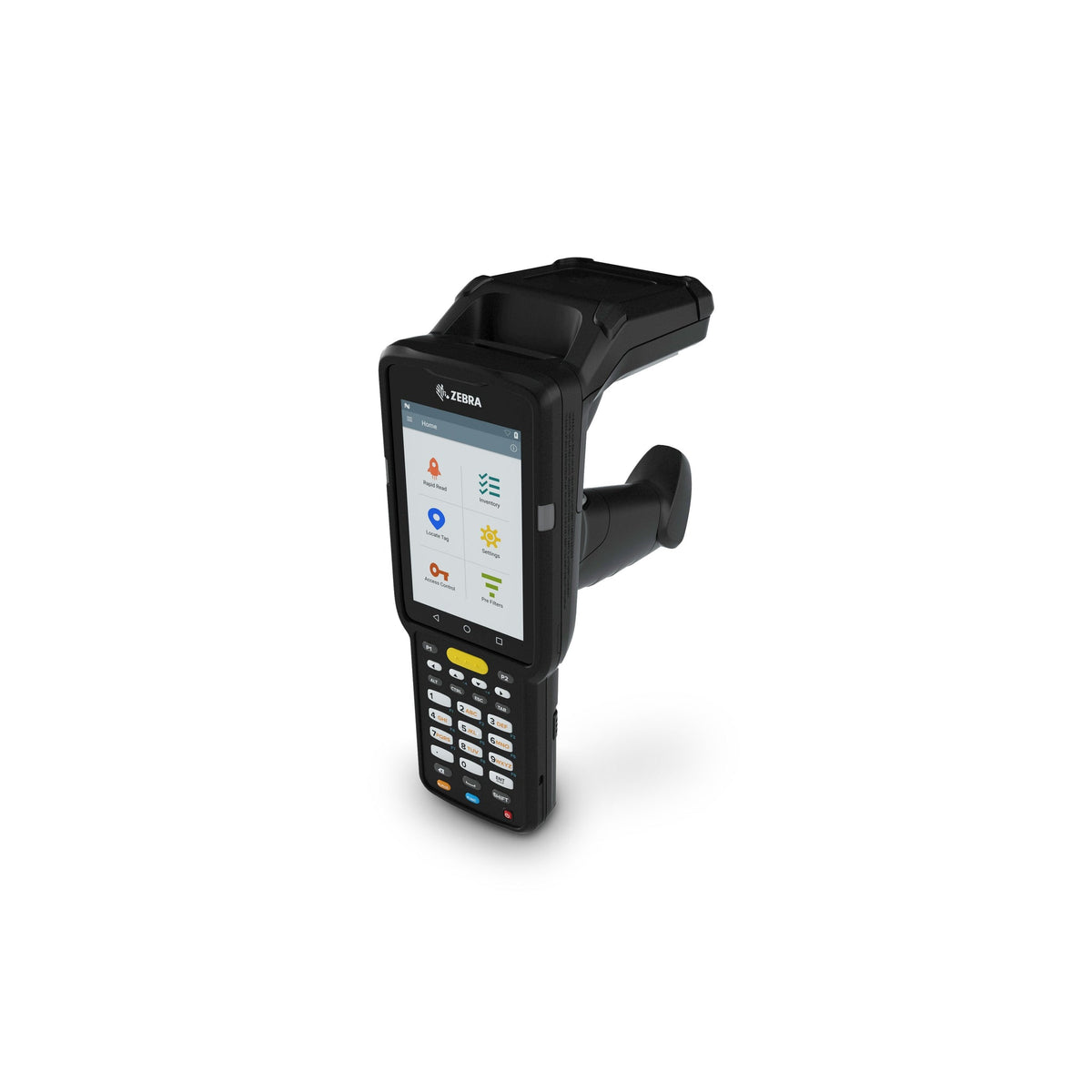 Zebra MC3390xR rugged keypad mobile computer, integrated UHF RFID reader, pistol grip, 29-key numeric keypad (MC339U-GE2EG4EU) – rear angled view