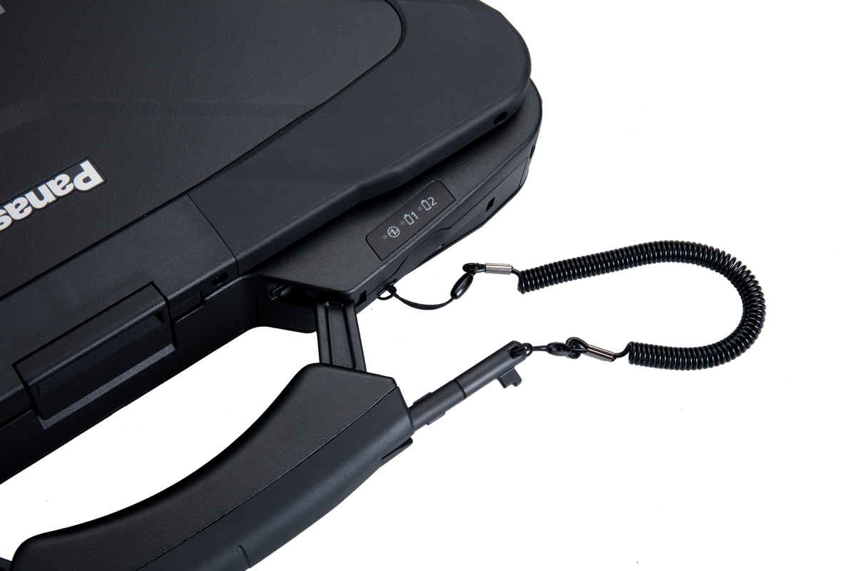 Close-up of the Panasonic TOUGHBOOK 40 carry handle with tethered capacitive stylus pen stored in the handle