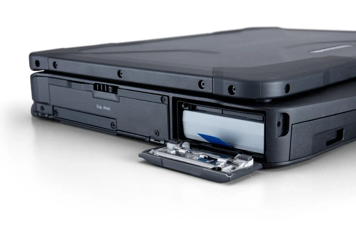 Panasonic TOUGHBOOK 40 mk2 (US keyboard) side view with open hot-swap battery bay and xPAK expansion area