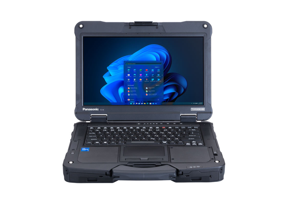 Panasonic TOUGHBOOK 40 mk2 rugged 14-inch laptop (Core Ultra 7, UK keyboard, 5G), open front view with Full HD touchscreen