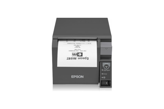 Epson TM-T70II front-loading POS receipt printer, dark grey, Ethernet + USB with buzzer (C31CD38022A1) – front view